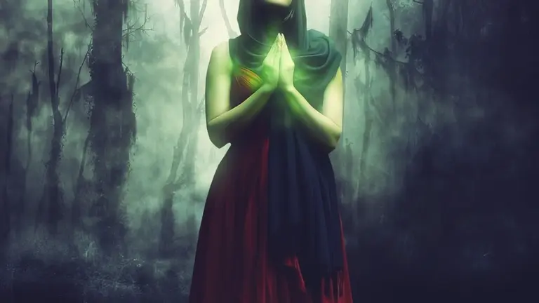 A hooded figure in a dark, misty forest with hands pressed together in a prayer-like pose, evoking hidden magic.