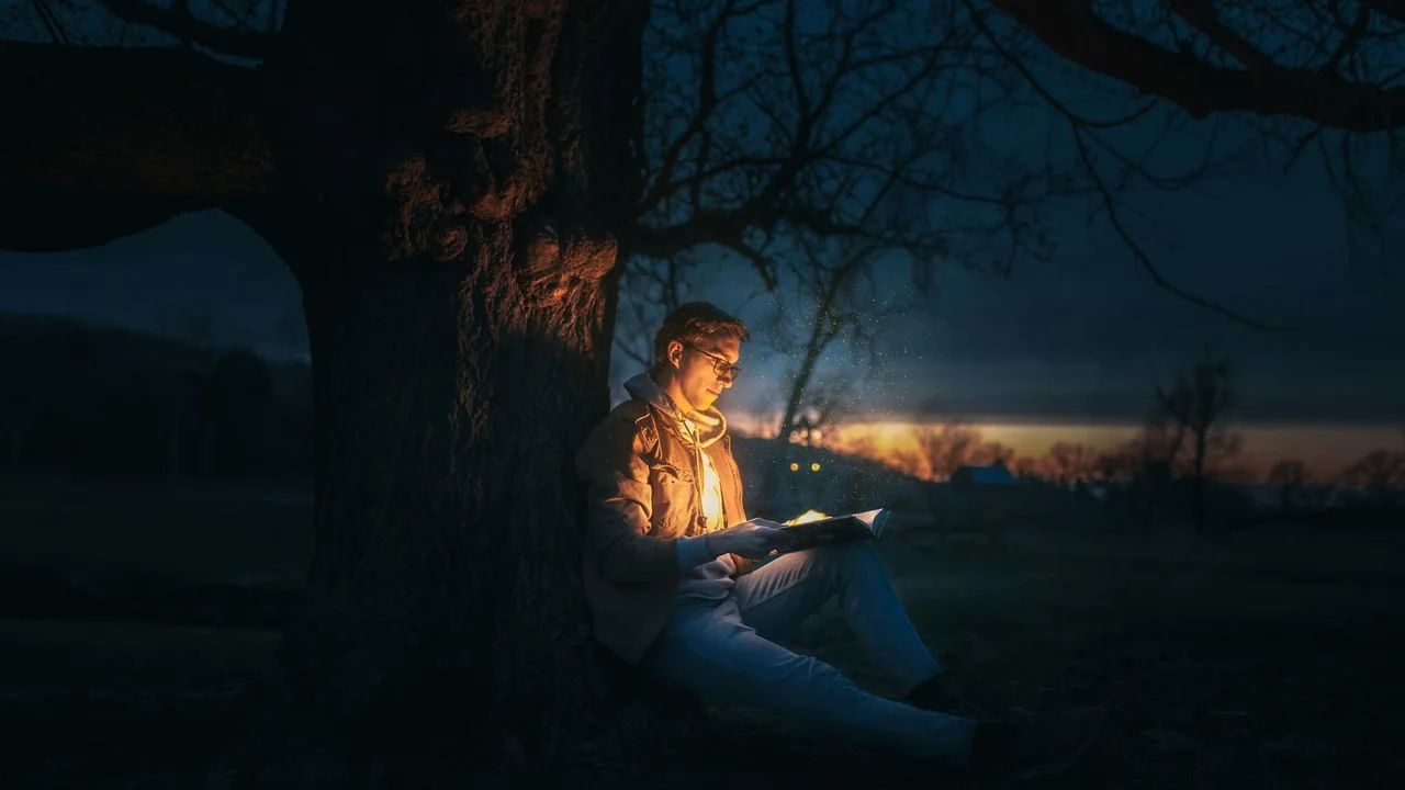 A person sits under a large tree at dusk reading a book, illuminated by the pages while a distant fire glows on the horizon.