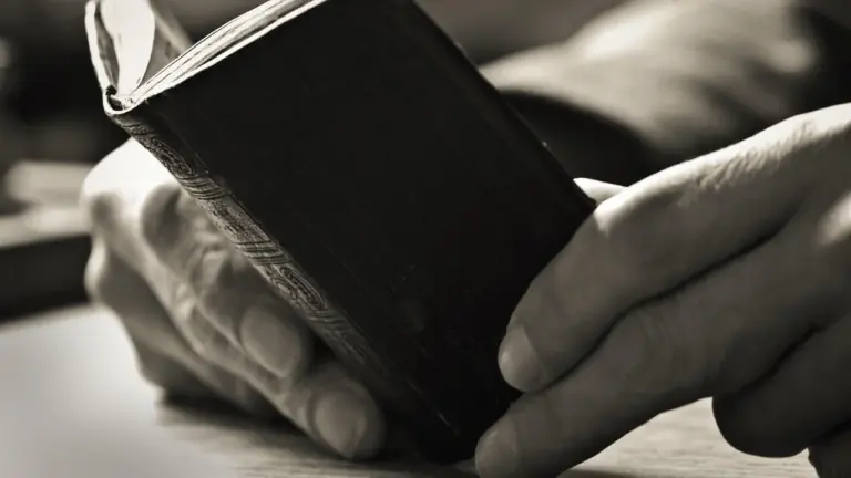 Close-up of hands holding a book in black and white, suggesting reading about complex family relationships