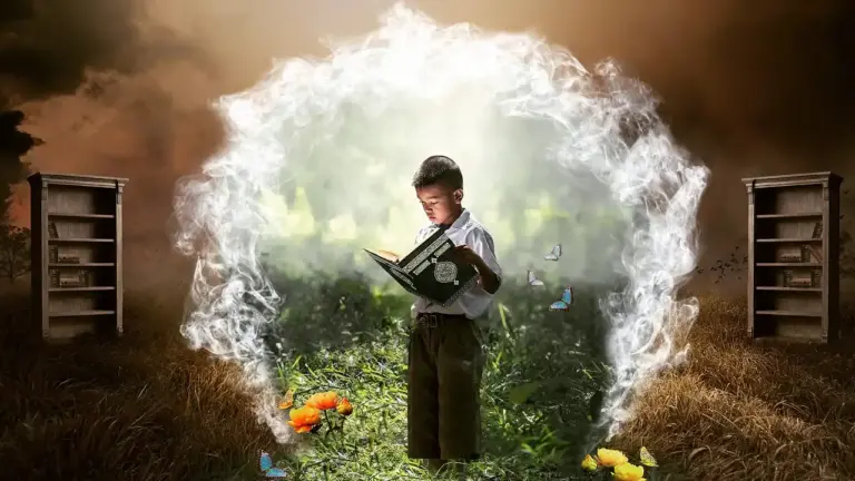 A boy reading a book outdoors, framed by a magical smoky ring and two bookshelves on either side, with flowers at his feet.
