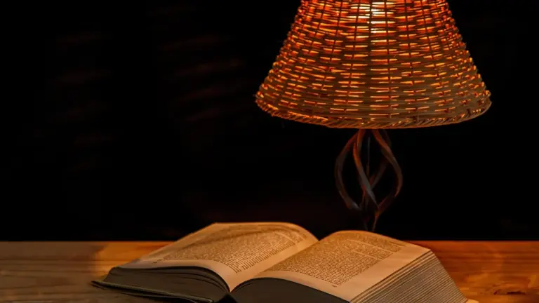 Open book on a wooden surface under a warm hanging lamp, creating a moody nocturnal atmosphere.