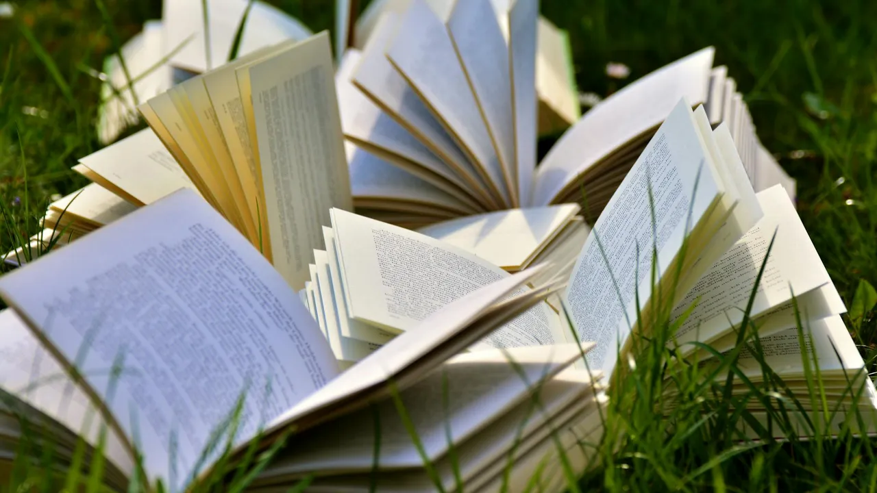 Open books scattered in grass, illustrating a reading outdoors.