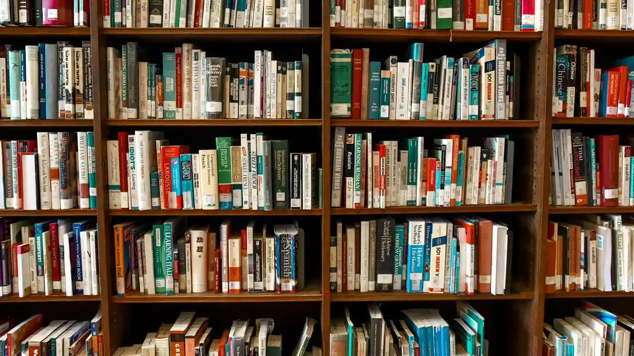 A wall of wooden bookshelves densely packed with colorful books in a library.
