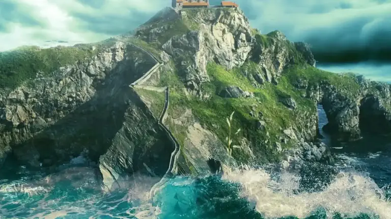A castle sits atop a rugged cliff with a winding stone path leading to it, waves crashing against rocks below under a dramatic sky.