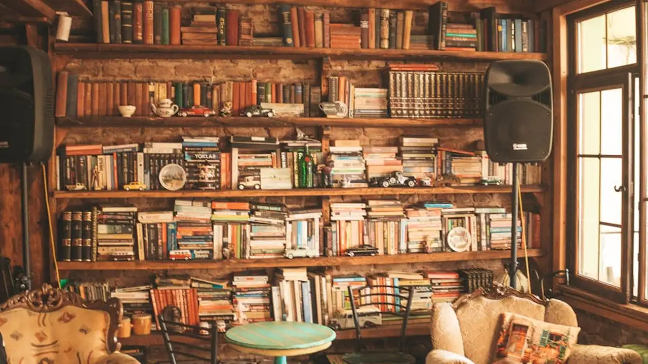 Warm library scene with floor-to-ceiling shelves full of books, two vintage armchairs, a round ottoman, and speakers, bathed in sunlight from a window.