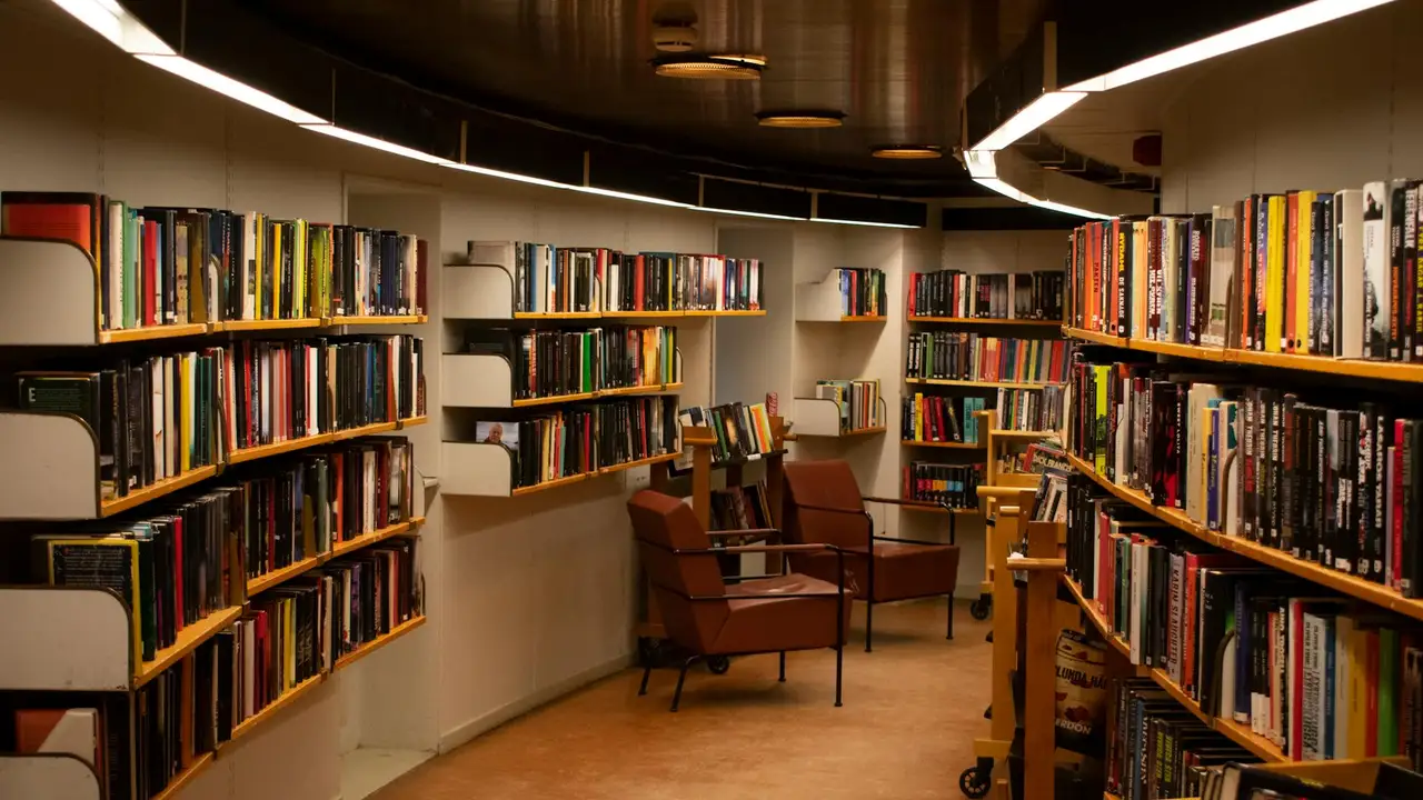Cozy bookstore interior with curved white bookshelves filled with colorful novels, and two mid-century chairs facing a small table under warm lighting.
