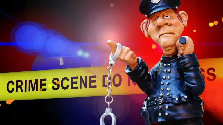 Toy police officer nutcracker in front of yellow crime-scene tape, evoking gritty crime drama vibes