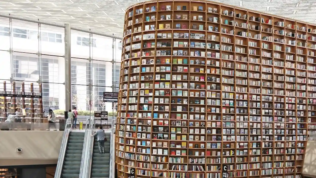 Interior of a bright modern library with a towering curved wooden bookshelf densely loaded with books.