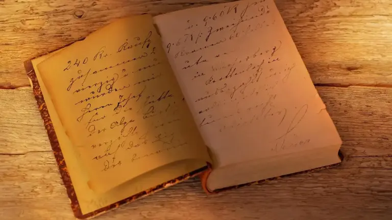An open, aged notebook on a warm-lit wooden table, evoking the dark academia mood.
