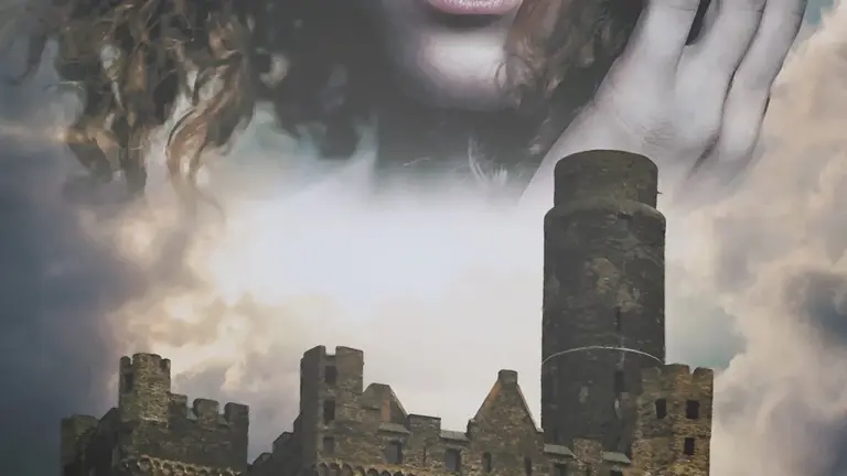Partial close-up of a woman's face with curly hair above a looming medieval castle fortress under a moody sky, hinting at intrigue and power.