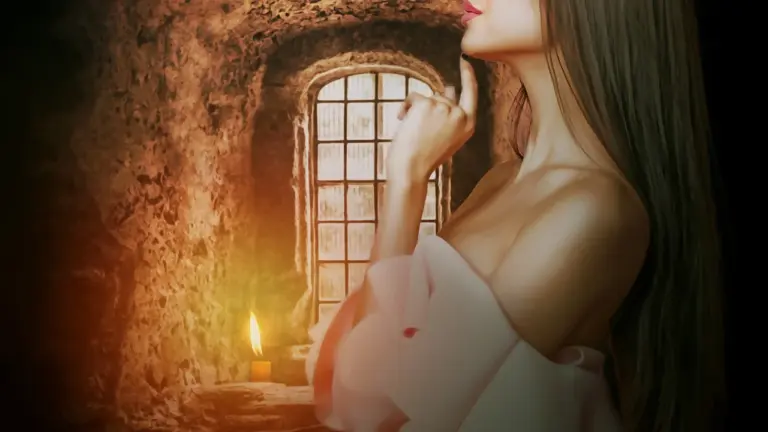 Profile of a woman in an off-shoulder white garment standing by a candle in a dim, dungeon-like room, creating a moody dark fantasy atmosphere.