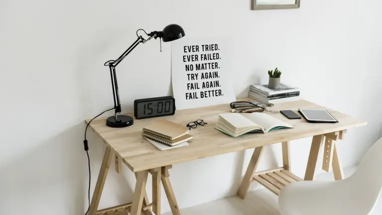 A minimalist light wood desk with a black adjustable lamp, an open notebook, several books, a digital clock showing 15:00, and a wall poster reading 'Ever tried. Ever failed. No matter. Try again. Fail again. Fail better.'