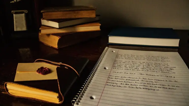 A study desk with stacked vintage books, a spiral notebook open with handwritten notes, a wax-sealed envelope on kraft paper, and loose papers, reflecting archival research for business history.
