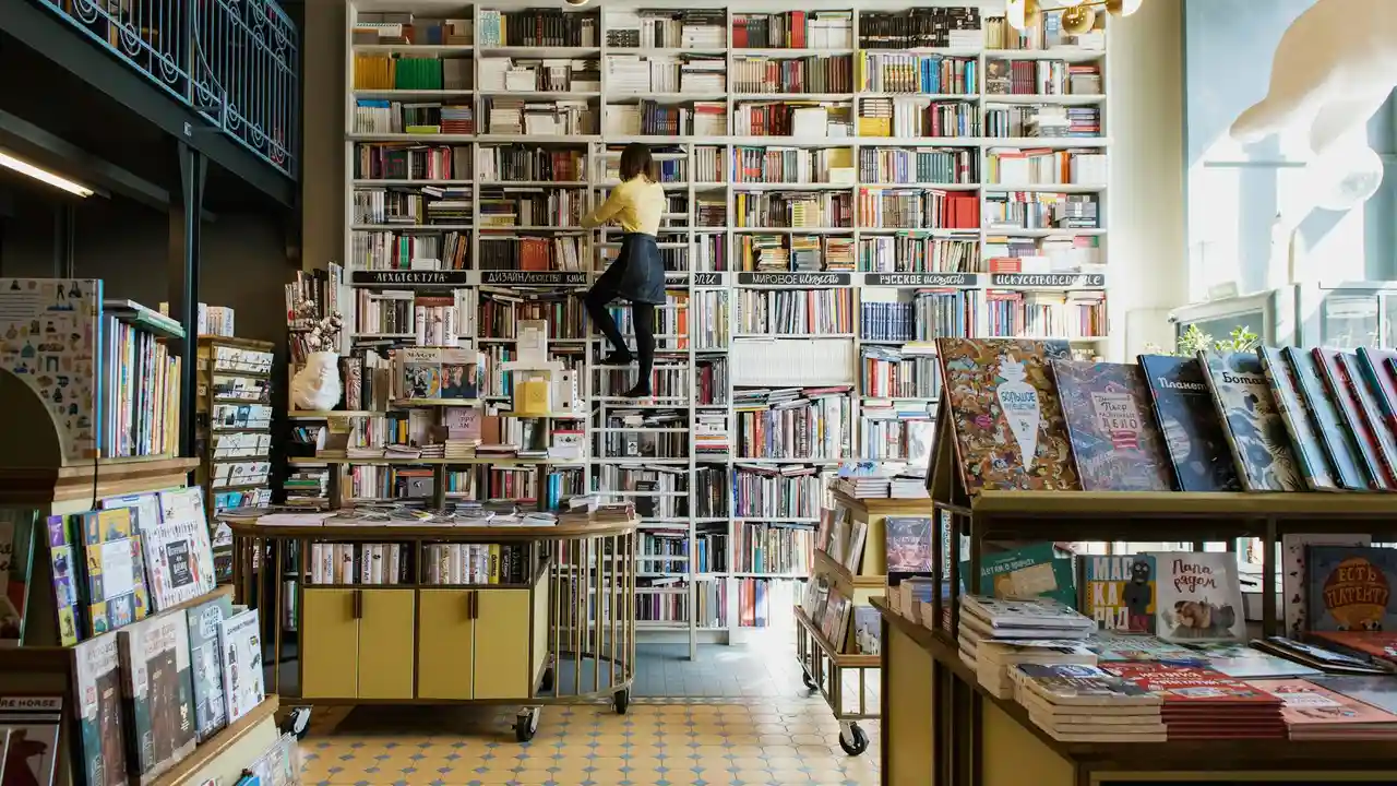 A person climbing a ladder to reach high shelves in a busy, well-lit bookstore filled with rows of books