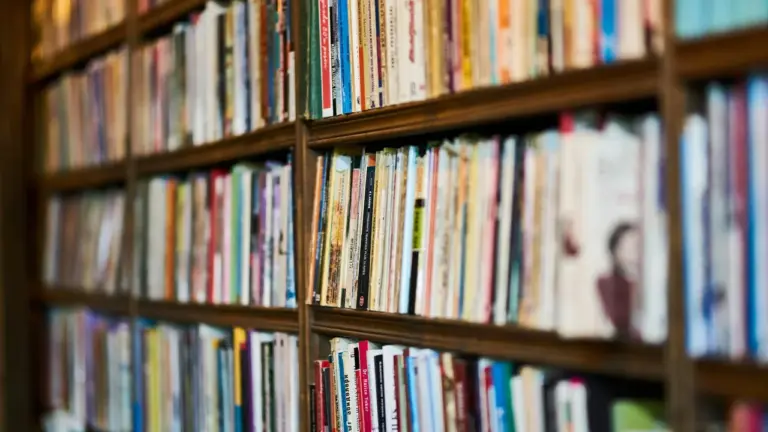 A bookshelf densely packed with fantasy novels, suggesting epic fantasy with deep character-driven storytelling.