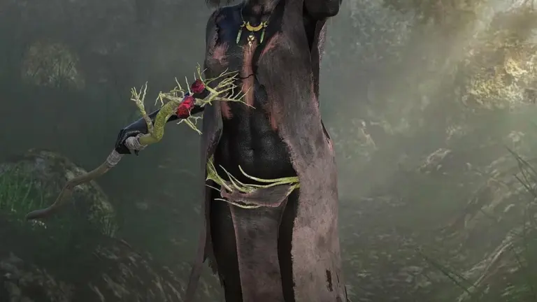 A shadowy fae figure stands in a mist-filled forest, wearing a tattered cloak and gold accents, holding a thorny staff.