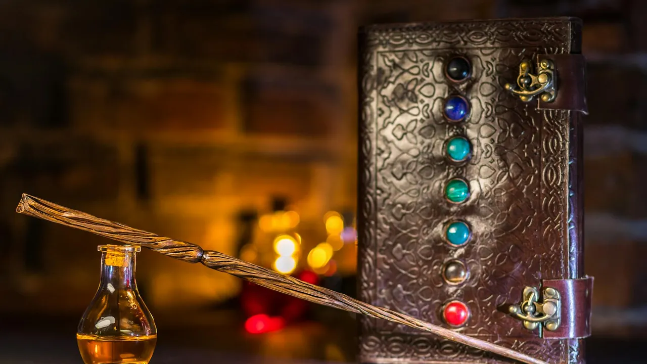 Leather-bound journal with embossed patterns and a row of colorful gemstone beads on its clasp, set beside a wooden wand in a warm, candlelit scene.