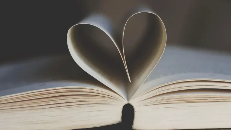 Open book with pages curved to form a heart shape.