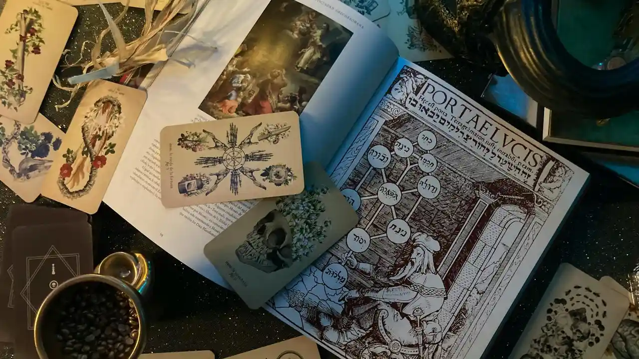Open illustrated fantasy book with cards scattered on a dark table, evoking mythic romance and LGBTQ+ mythological retellings.