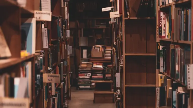 A narrow library aisle with tall shelves filled with books, creating a cozy, book-filled atmosphere.