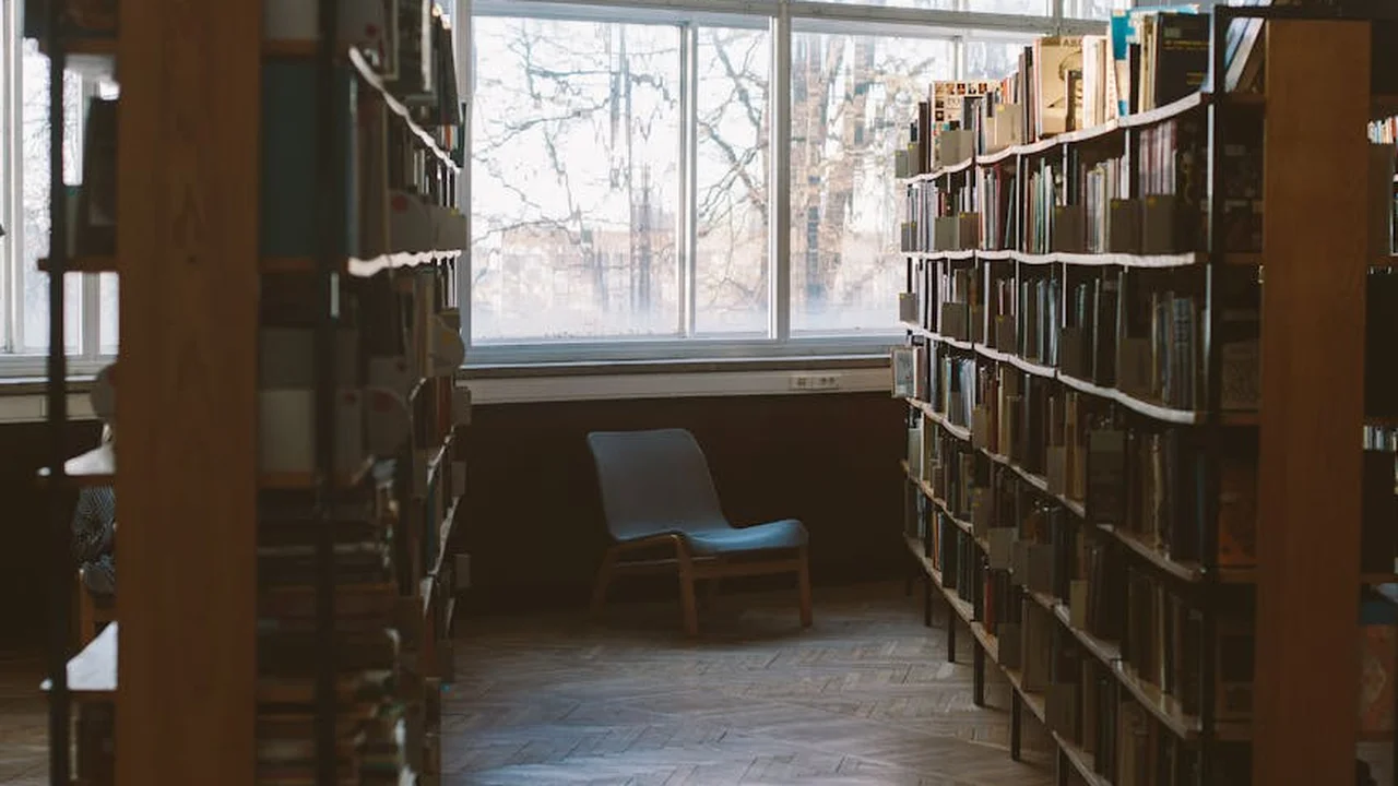 Quiet library aisle with tall wooden shelves on both sides and a blue chair by a large window at the end.