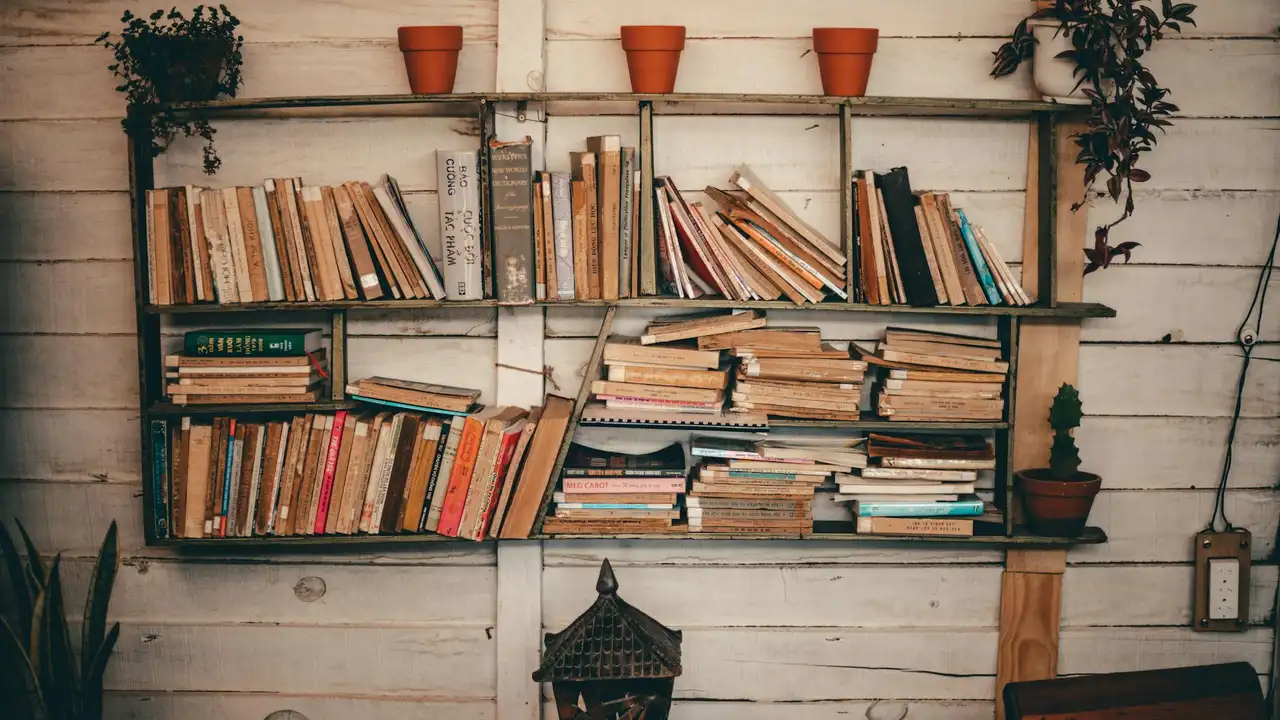 A wooden bookshelf filled with vintage and worn books, with small potted plants on the top shelves, set against a white paneled wall.