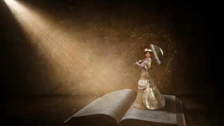 A woman in historical dress stands on the open pages of a large book, holding a parasol as a beam of light illuminates her.