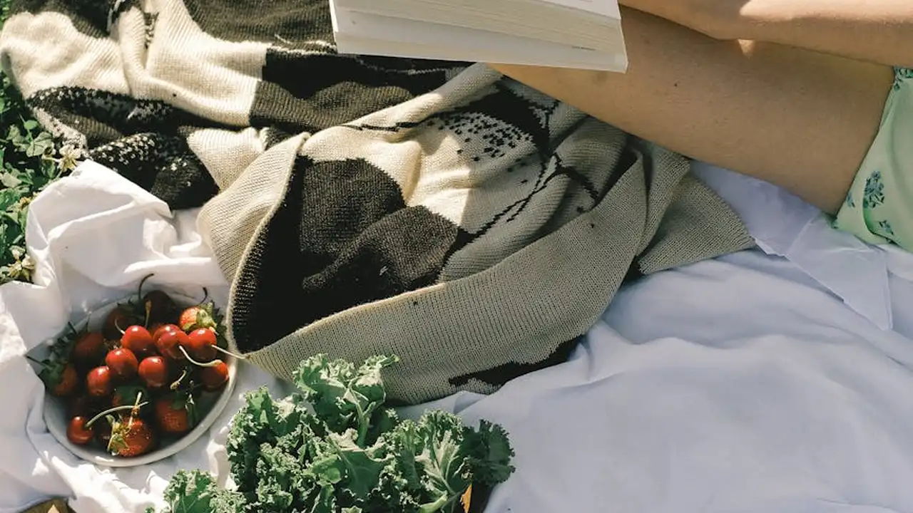 Person lying on a blanket with a book in hand, a bowl of cherries and leafy greens nearby.