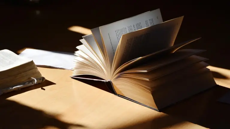 An open hardcover book on a wooden table, pages fanned out and bathed in warm light.