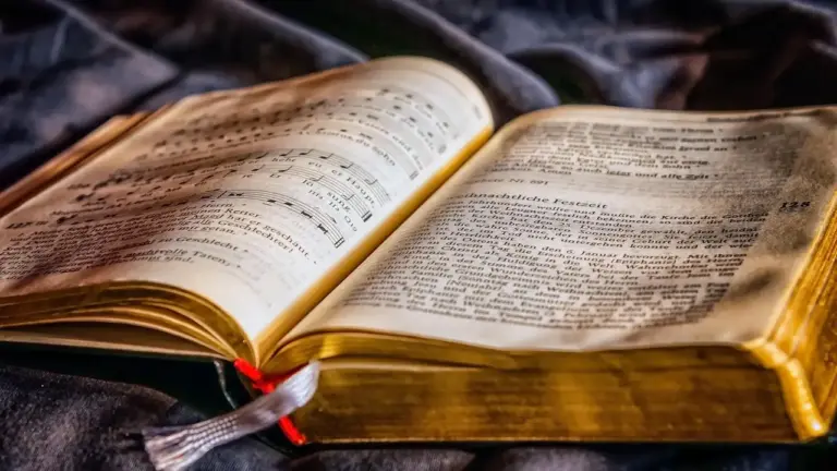 Open old book showing yellowed pages on dark fabric