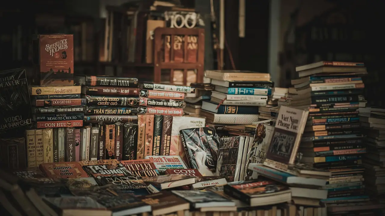 A dimly lit, cluttered assortment of stacked books and shelves, suggesting a cozy, lived-in bookstore or library.