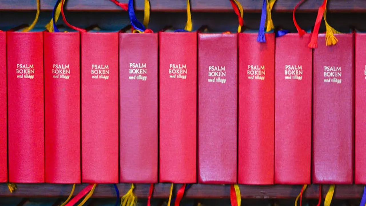 Row of red and pink book spines on a shelf with decorative ribbons