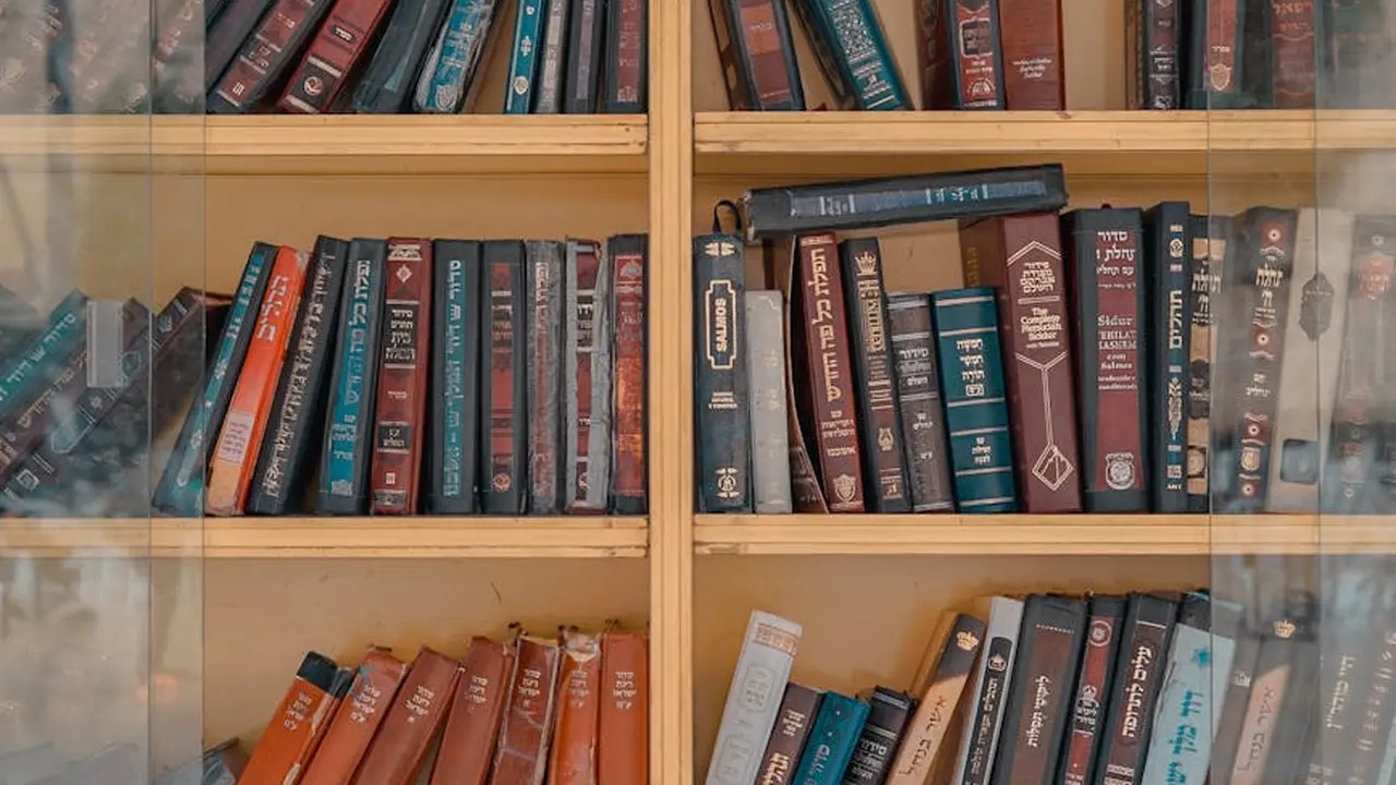 A wooden bookshelf filled with classic Regency-era romance novels displayed behind glass.