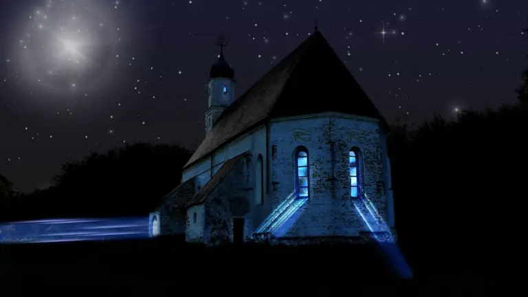 A weathered church building illuminated with blue light against a dark, starry night sky, suggesting a post-apocalyptic or ruin-themed setting.