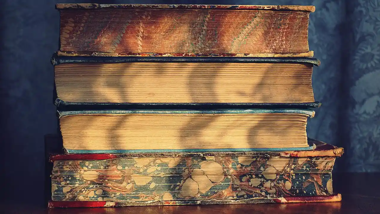 A vertical stack of vintage hardcover books with worn spines and a dappled shadow pattern across the covers.