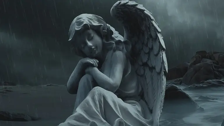 Grayscale statue of a grieving angel with folded wings, sitting with knees drawn up, in a rain-soaked coastal setting.