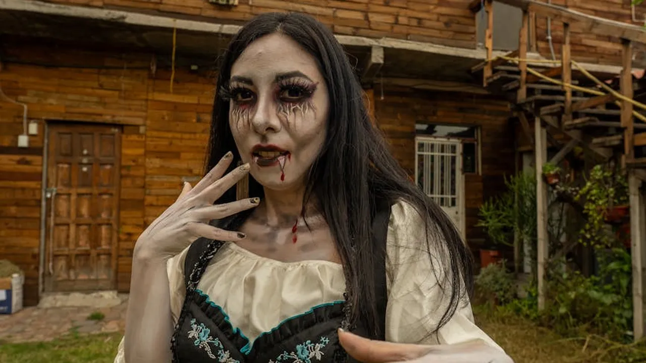 A person with gothic vampire makeup: pale face with dark eye makeup and blood on the lips and chin, wearing a white blouse and black dress, standing in front of a wooden building.