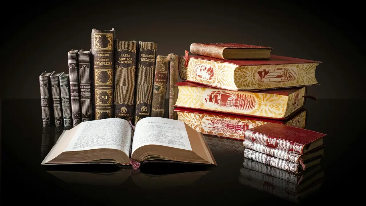 A still-life of vintage hardcover books stacked on a dark surface with an open book in the foreground.
