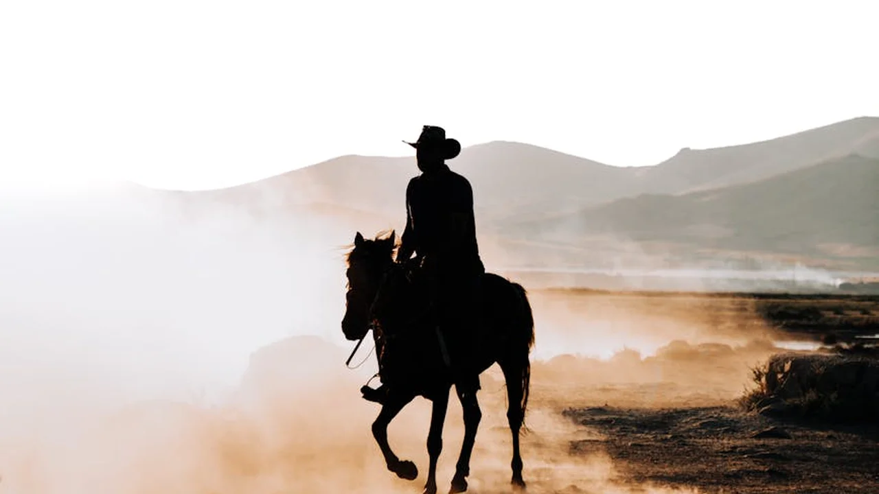 Silhouette of a cowboy on horseback riding across a dusty western landscape with distant mountains and a hazy sky.
