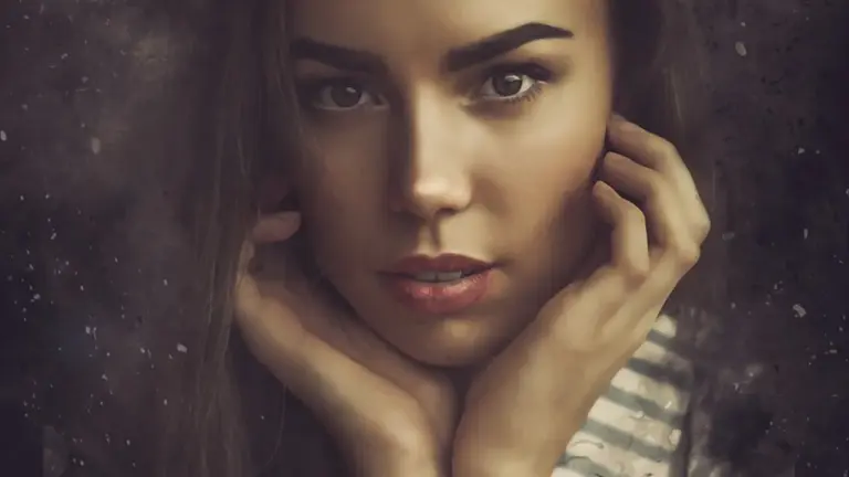 Close-up portrait of a woman with a serious expression, hands near her face, in a moody, dark fantasy aesthetic.