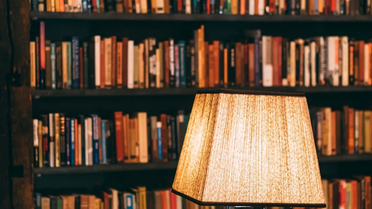 Cozy library scene with a warm-lit lamp beside a tall bookshelf filled with colorful books